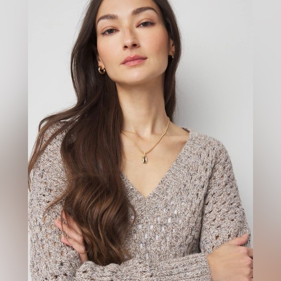 White House Black Market V-Neck Open Stich Sequin Sweater - Neutral Size Medium - Picture 3 of 10